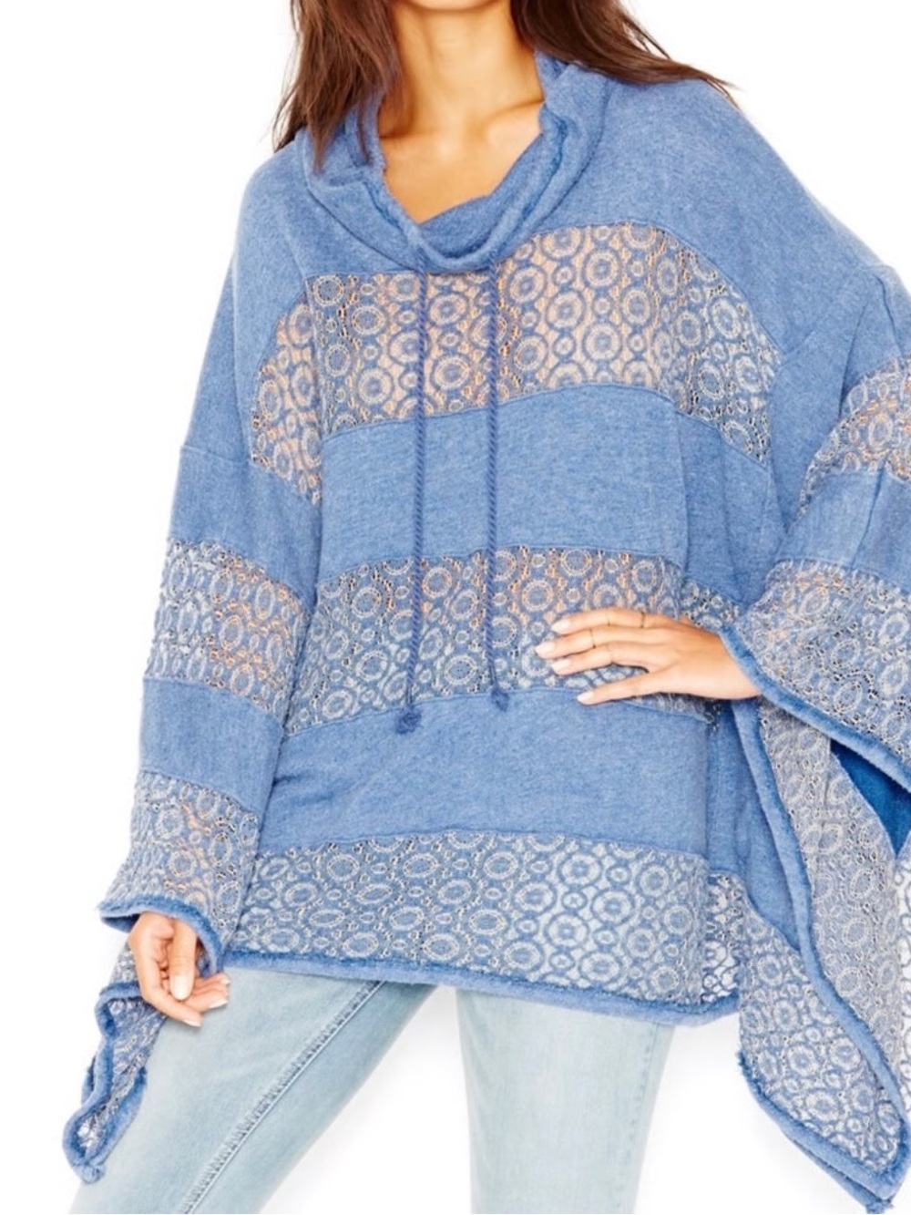Free People Crochet-Lace French Terry Poncho Distressed $148 Retail Blue